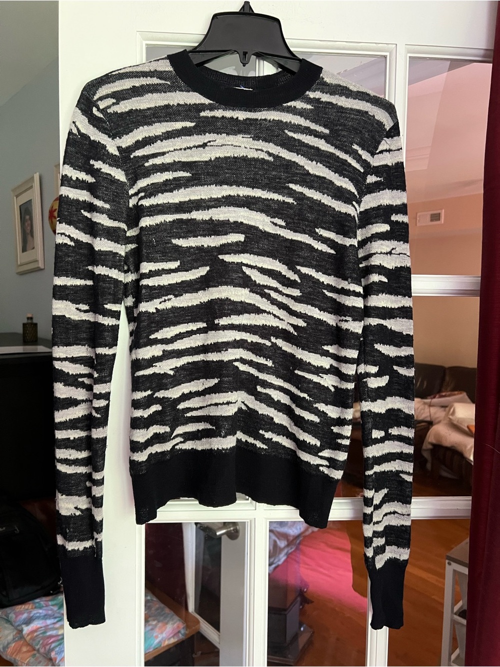 A.L.C. Black and White Zebra-Striped Crewneck Sweater